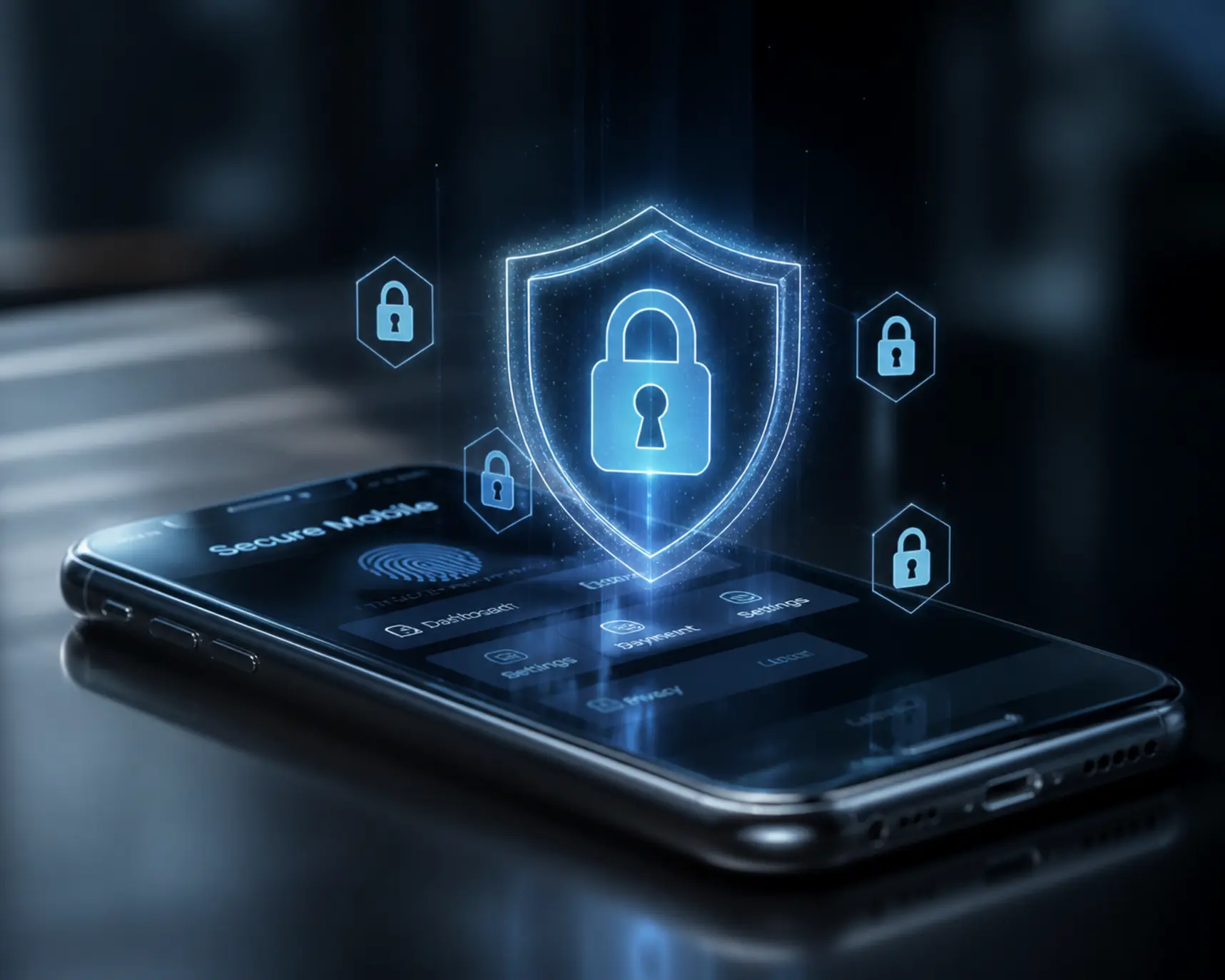 Bezpieczeństwo aplikacji mobilnej Smartfon z ikoną tarczy i kłódki symbolizującą bezpieczeństwo aplikacji