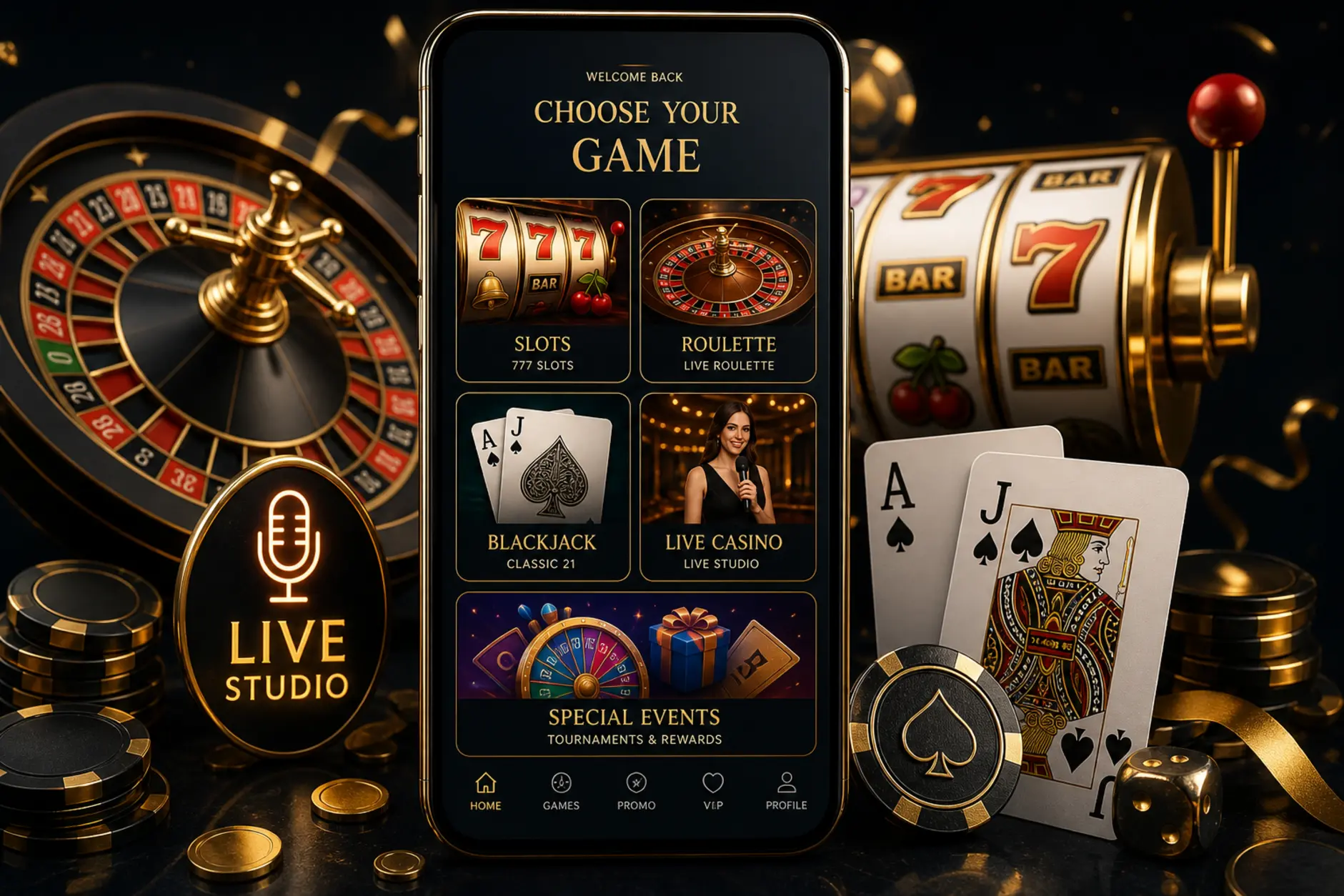 Smartfon z ikonami slotów ruletki blackjacka i live