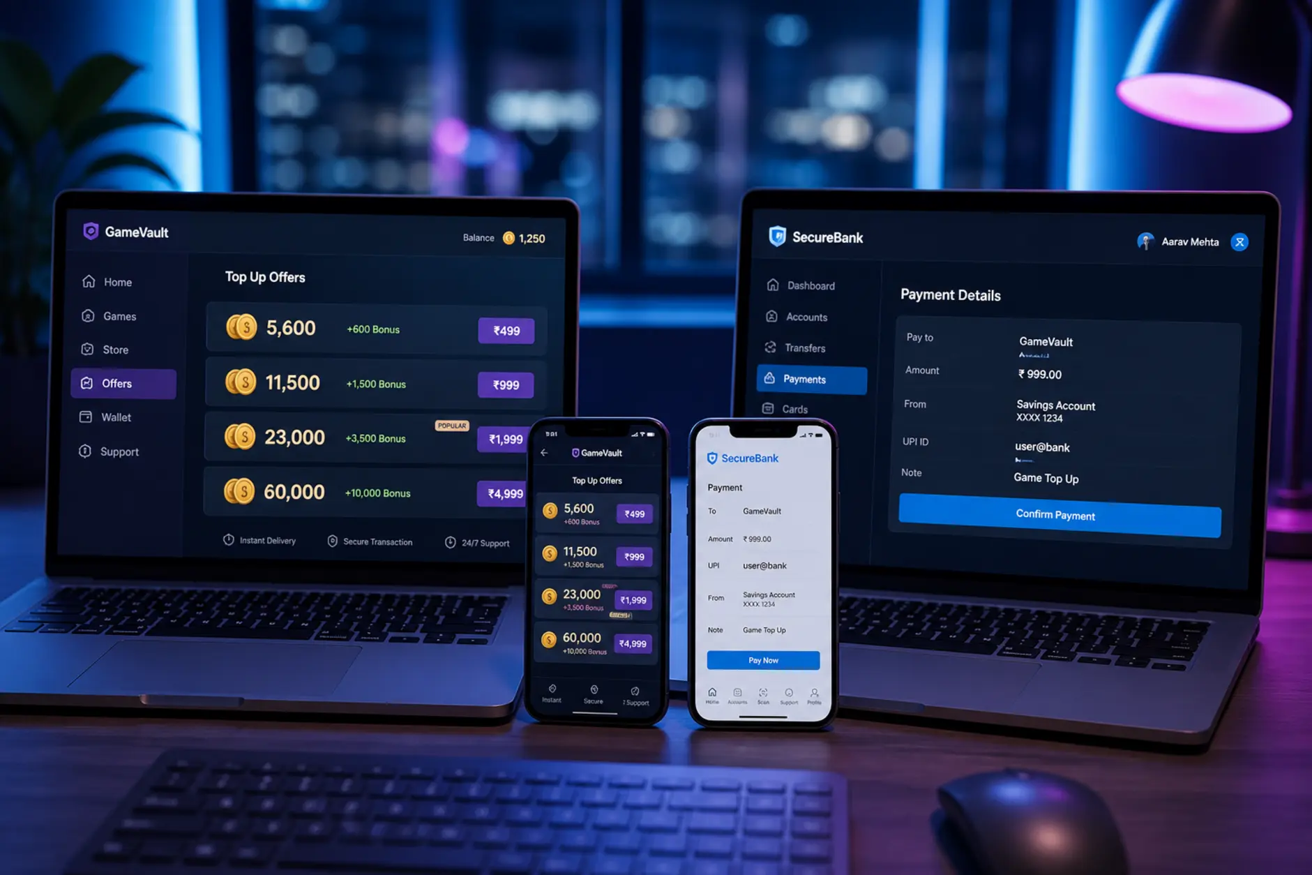 Porównanie ofert platform online i płatności mobilnych na kilku ekranach