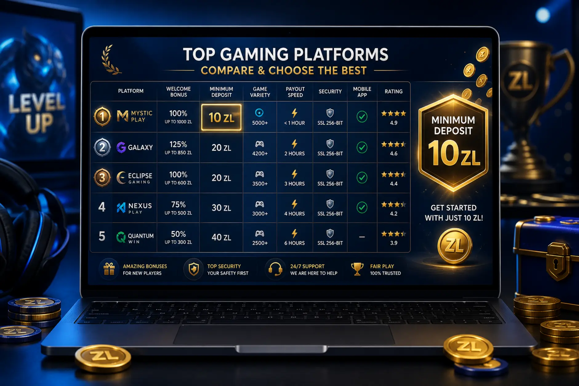 Ranking ofert z widoczną minimalną wpłatą 10 zł na ekranie