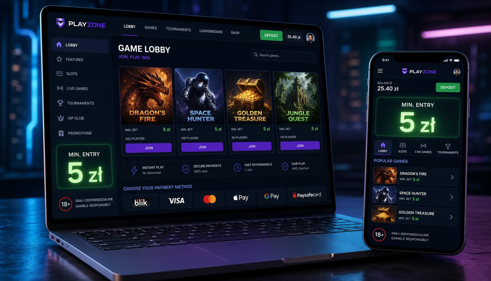 Lobby kasyna online na laptopie i telefonie z wyróżnioną kwotą 5 zł