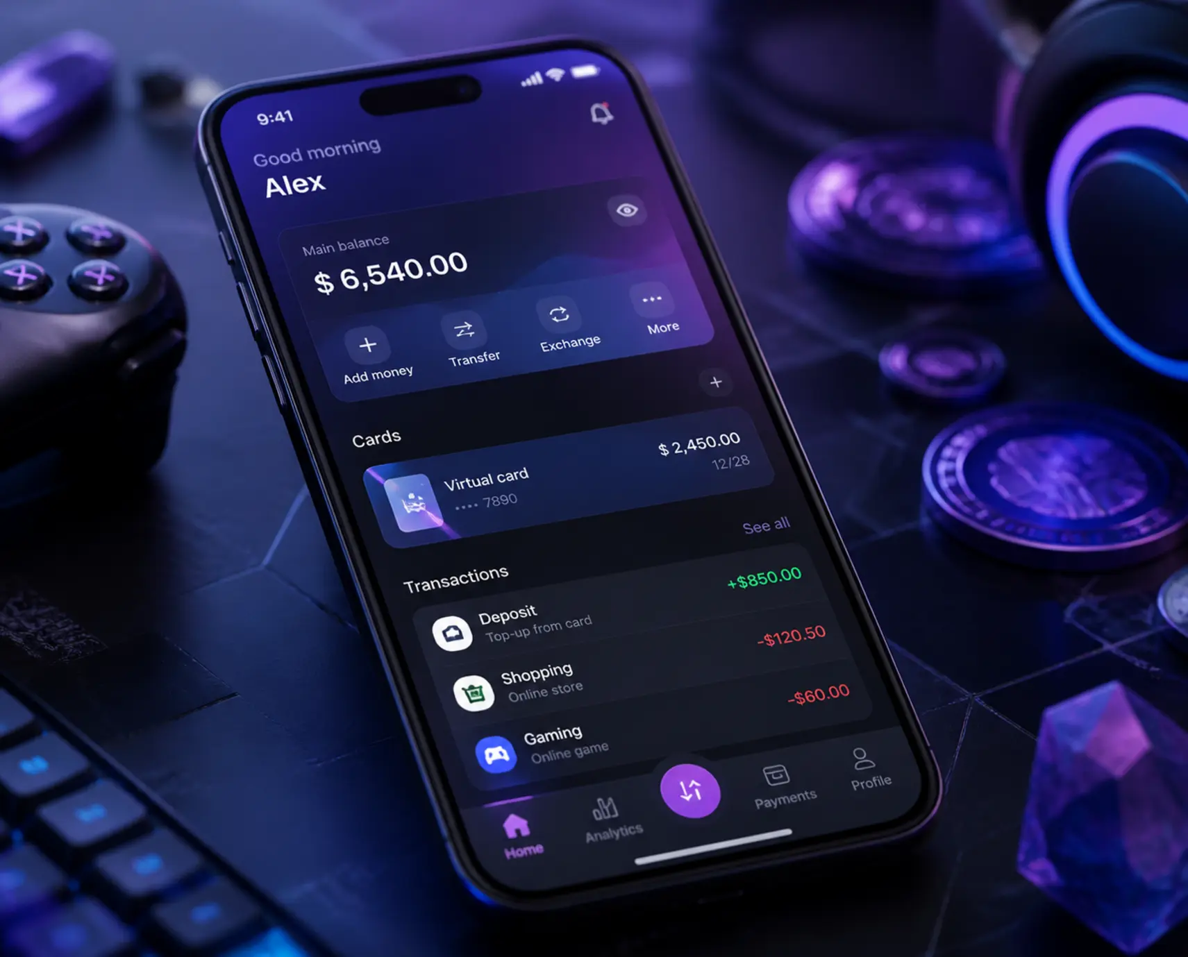 Telefon z aplikacją fintech na tle ikon rozrywki online