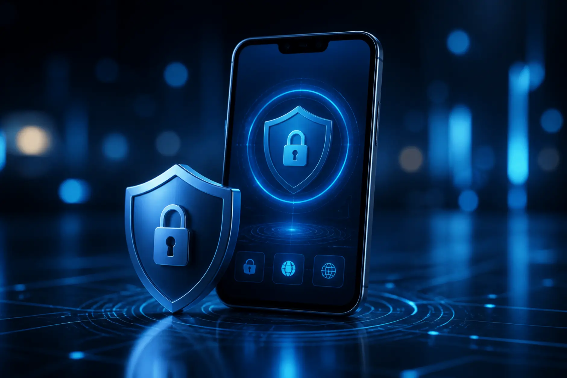 Smartfon z symbolem tarczy i bezpieczeństwa online