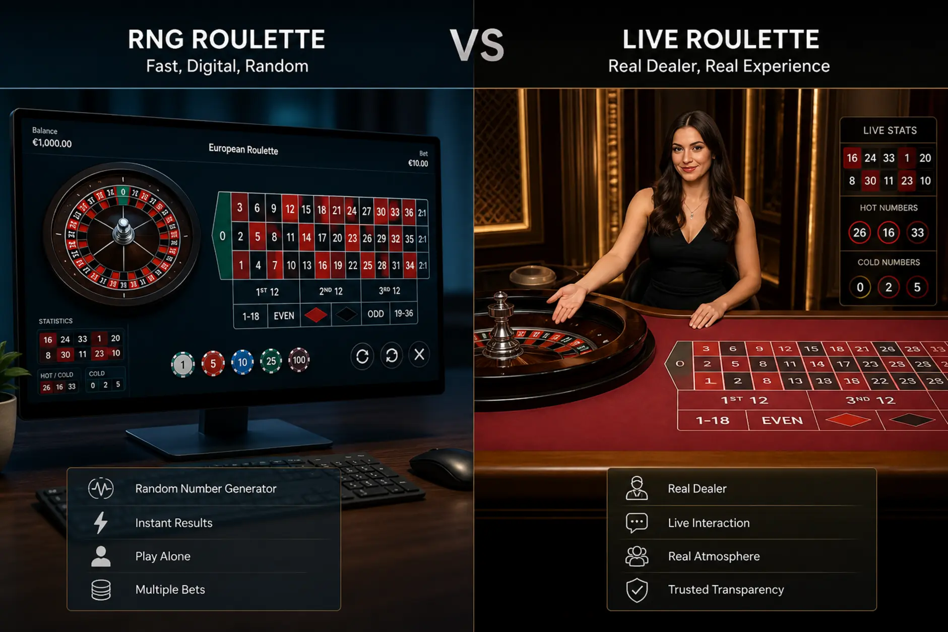 Porównanie ruletki RNG i ruletki na żywo